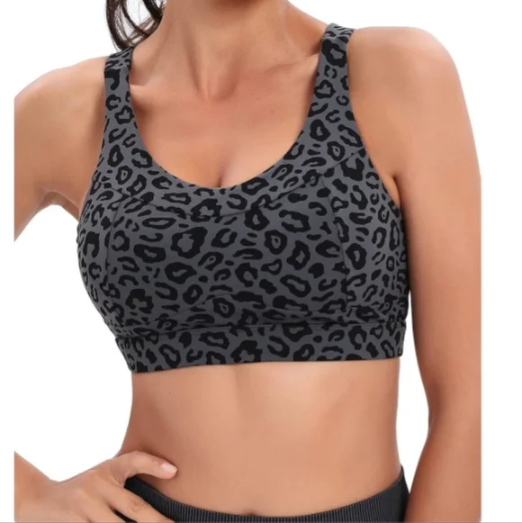 Running Girl Charcoal Leopard Print Cutout Back Athletic Sports Bra L - Picture 7 of 9